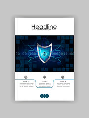 A4 Business Technology Book Cover Design Template. Atom blue shield. Good for Portfolio,  Annual Report, Magazine, Journal, Website. Vector