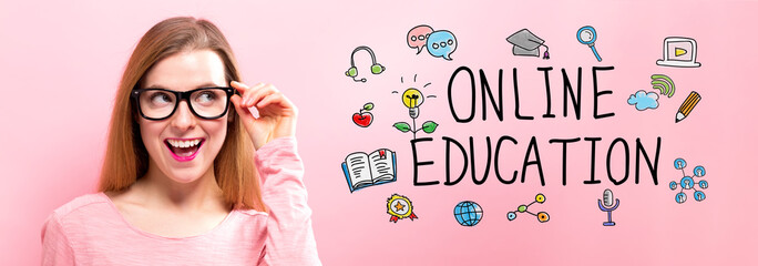 Wall Mural - Online Education with happy young woman holding her glasses