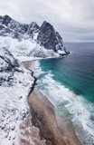 Fototapeta Morze - Aerial view on the beach and waves. Beautiful natural landscape from air in the Norway