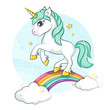 Little pony. Cute magical unicorn and rainbow. Vector design isolated on white background. Print for t-shirt or sticker. Romantic hand drawing illustration for children.