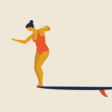 Girl Surfers In Bikini Vector Illustration. Flat Style Illustration. Summer Beach Illustration. Longboard Women Surfing.