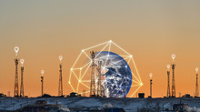 Telecommunication Towers With Global Network Connection, And Location Sign Symbol. Element Of This Image Are Furnished By NASA