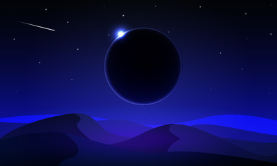 landscape of the night solar eclipse in the desert