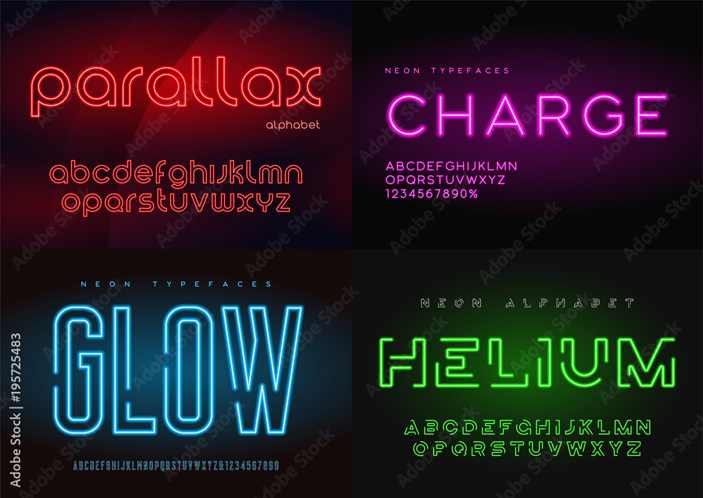 Set of glowing neon vector typefaces, alphabets, letters, fonts, - obrazy, fototapety, plakaty 