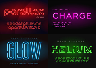Wall Mural - Set of glowing neon vector typefaces, alphabets, letters, fonts,