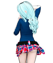 3D Sexy Anime Doll Japanese Anime Schoolgirl Big Blue Eyes And Bright Makeup. Skirt Cage. Cartoon, Comics, Sketch, Drawing, Manga Illustration. Conceptual Fashion Art. Seductive Candid Pose.