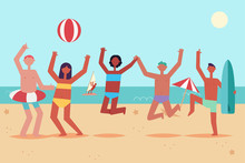 Summer Beach Party With Dancing And Jumping Young People In Swimming Suits With Inflatable Ring, Ball And Surfboard. Vector Cartoon Flat Illustration Of A Vacation On Sea Of Men And Women.