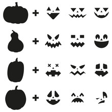 Pumpkin Carving Ideas Jack O Lantern Face Set. Vector Design Elements Of Emotion For Halloween. Black Silhouette Template For A Laser Or Plotter Cutting Isolated On A White Background.