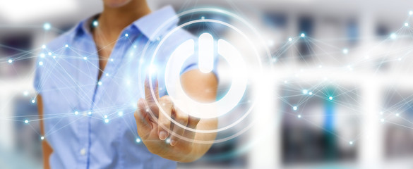 Poster - Businessman using 3D render power button with connections