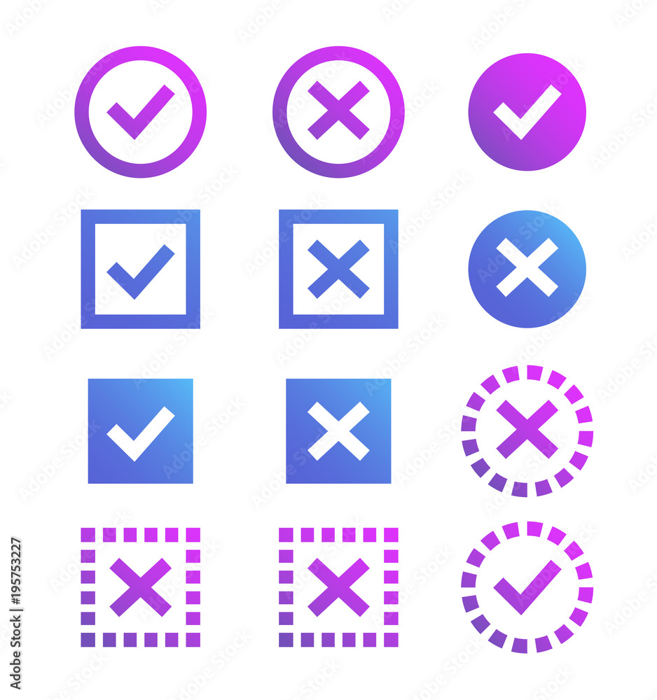 Check mark icon. Blue and purple marks and crosses. Symbols of the ...