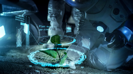 Wall Mural - two astronauts analyzing plant life found on alien planet. infographics show animated data about oxy