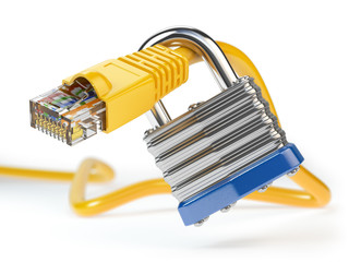 Leinwandbilder - Network ethernet cable locked with padlock isolated on white background. Internet security and data protection concept