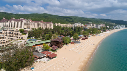 Aerial view of the beach and hotels in Golden Sands, Zlatni Piasaci. Popular summer resort near Varna, Bulgaria