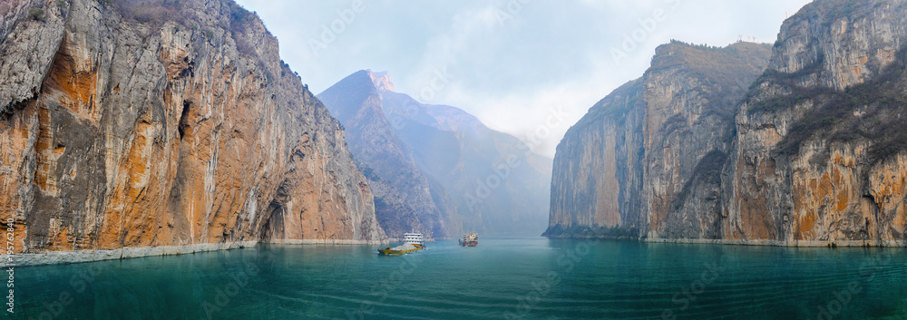 Two barges with sand and gravel in the river Yangtze - obrazy, fototapety, plakaty 