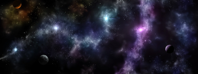 Wall Mural - a panorama of space, galaxies and nebulae with planets