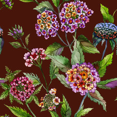 Wall Mural - Beautiful lantana flowers with green leaves on brown background. Seamless summer floral pattern.  Watercolor painting. Hand drawn illustration.