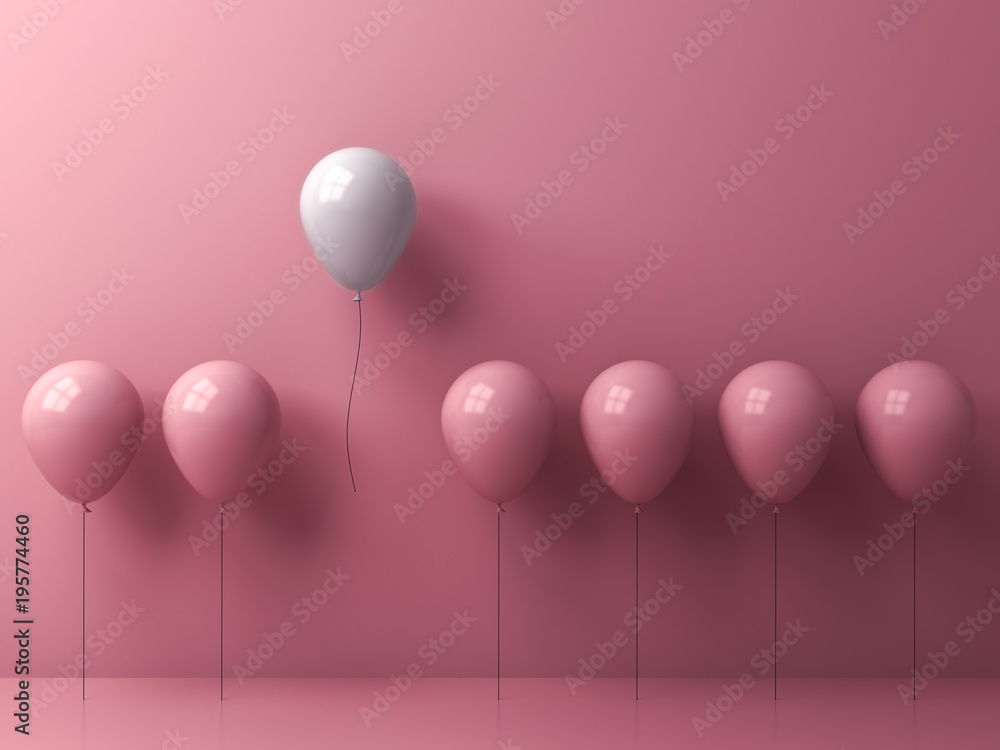Stand out from the crowd and different concept , One freedom white balloon flying away from other pink balloons on pink pastel color wall background with window reflection and shadows . 3D rendering. - obrazy, fototapety, plakaty 