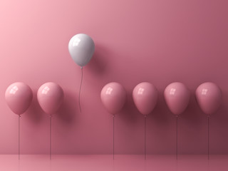 Leinwandbilder - Stand out from the crowd and different concept , One freedom white balloon flying away from other pink balloons on pink pastel color wall background with window reflection and shadows . 3D rendering.
