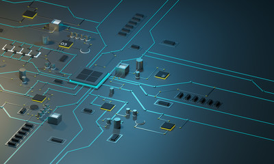 High tech electronic PCBwith processor, microchips and glowing digital electronic signals.