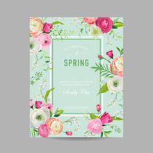 Floral Spring Design Template For Wedding Invitation, Greeting Card, Sale Banner, Poster, Placard, Cover. Spingtime Background With Pink Flowers. Vector Illustration
