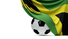 Jamaica National Flag Draped Over A Soccer Football Ball. 3D Rendering