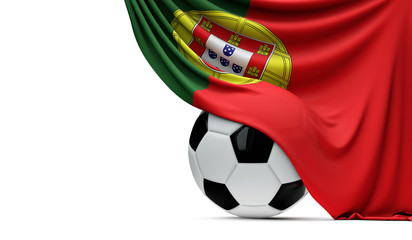 Portugal national flag draped over a soccer football ball. 3D Rendering