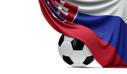 Slovakia national flag draped over a soccer football ball. 3D Rendering