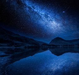 Wall Mural - milky way and stars reflection in lake, district lake, england