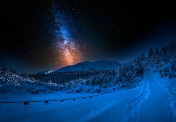 Wall Mural - mountain path and milky way in winter