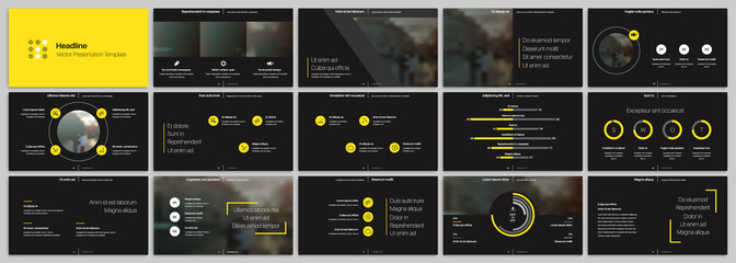 Canvas Print - Yellow presentation templates elements on a black background. Vector infographics. Use in Presentation, flyer and leaflet, corporate report, marketing, advertising, annual report, banner.