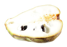 Ripe Cherimoya Fruit Cut In Half Inside Longitudinal Section Isolated On White Background
