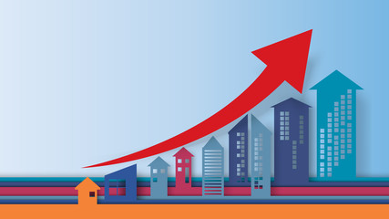 Aufkleber - Business concept of paper art style.Cityscape building with arrows shape look like growing graph and charts.Vector illustration.