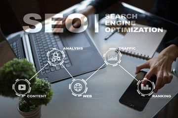 Wall Mural - SEO. Search Engine optimization. Digital online marketing andInetrmet technology concept.