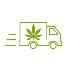 Delivery cannabis. Illustration of a delivery truck icon with a marijuana leaf. Drug consumption, marijuana use. Marijuana Legalization. Vector illustration on white background. 