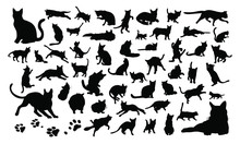 Set Vector Silhouettes Of The Cats And The Paw Prints - Isolated On White Background　猫のベクターイラストセット