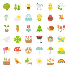 Picnic, Nature And Spring Icon Set, Such As Picnic Basket, Floral, Bird, Rainbow, Bird Nest, Playing Kite, Sun Raising, Flat Icon