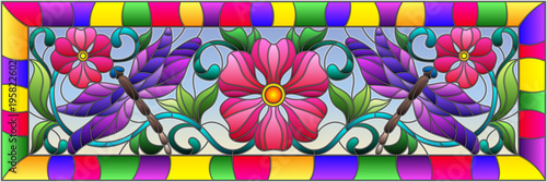 Dekoracja na wymiar  ilustracja-w-stylu-witrazu-z-jasnymi-wazkami-kwiatowym-ornamentem-i-rozowymi-kwiatami