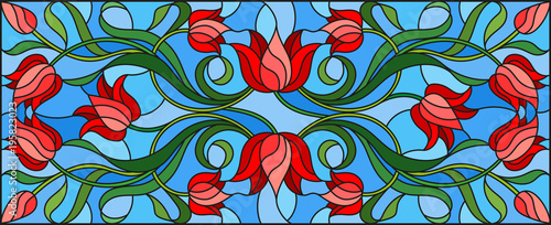 Dekoracja na wymiar  ilustracja-w-stylu-witrazu-z-kwiatami-liscmi-i-pakami-czerwonych-tulipanow-na-niebiesko