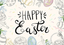 Easter Background With Traditional Decorations. Easter Greeting With Colored Eggs, Festive Cake, Rabbit, Etc.