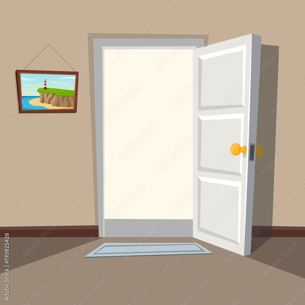Doorway with an open white door. Welcome to the real world. Interior with  an open door. Stock Vector | Adobe Stock, image size:1000x1000