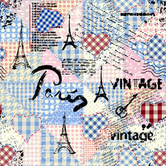 Poster - Seamless background pattern. Imitation of a vintage scrapbook collage with a Paris lettering. Vector image.