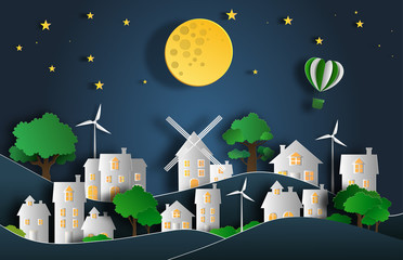 Paper art style of landscape at night in the city with moon and stars, flat-style vector illustration.