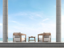 Loft Terrace With Sea View 3d Render,The Terrace Has  Floor And Stair Are Concrete Tile And Columns Are Polished Concrete,Furnished  With Fabric Armchair And Overlooking The Sea.