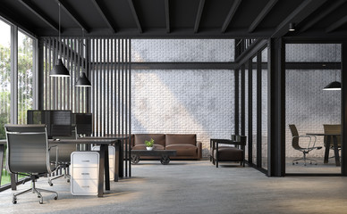 industrial loft style office 3d render.there are white brick wall,polished concrete floor and black 