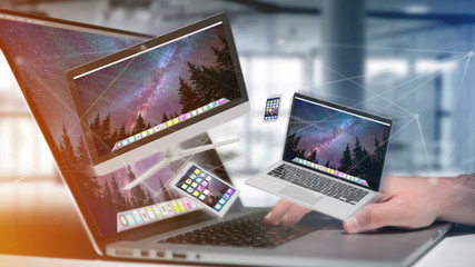 Devices like smartphone, tablet or computer flying over connection network - 3d render