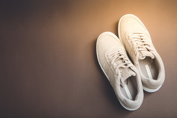 Pastel beige sneakers on a brown background. Flat lay, minimal background. Fashion blog or magazine concept..