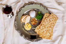Pesah Celebration Passover Holiday. Traditional Pesah Plate Text In Hebrew: Passover, Egg,