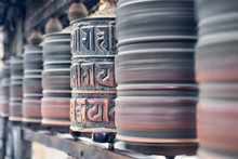 Buddhist Prayer Wheel In Swayambhunath Temple. Nepal, Kathmandu.