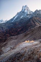 Fototapete - Tent camp near Mardi Himal Base Camp. From this point climbers will start the last day of the ascent to Mardi Himal mountain.