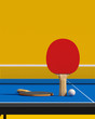 Two table tennis or ping pong rackets and ball on a table with net 3d illustration